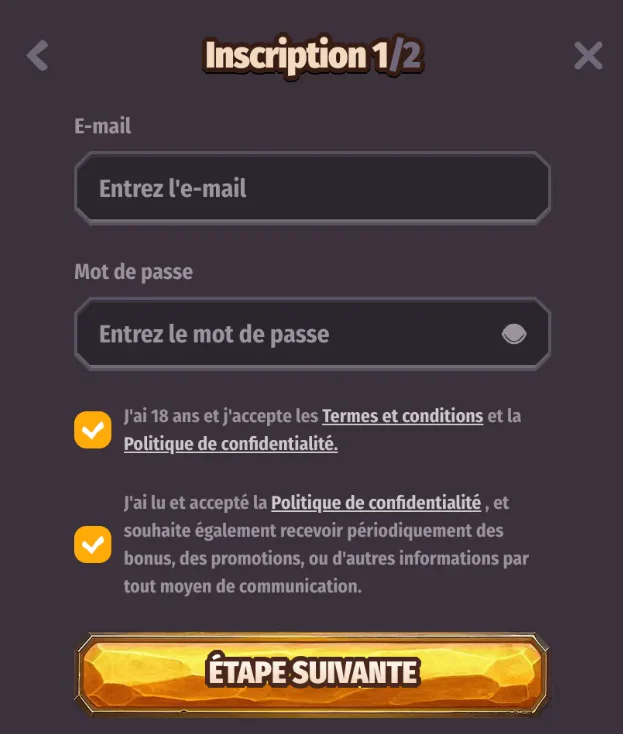 Formulaire d’inscription Dragonia Casino avec champs e-mail et mot de passe, confirmation de l’âge et acceptation des conditions