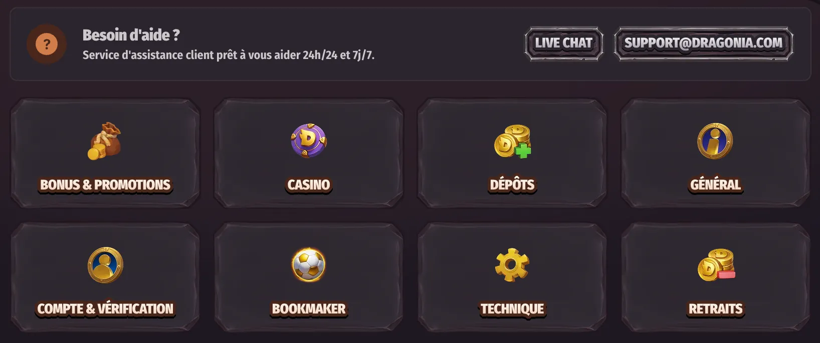 Service client et assistance 24/7 Dragonia Casino